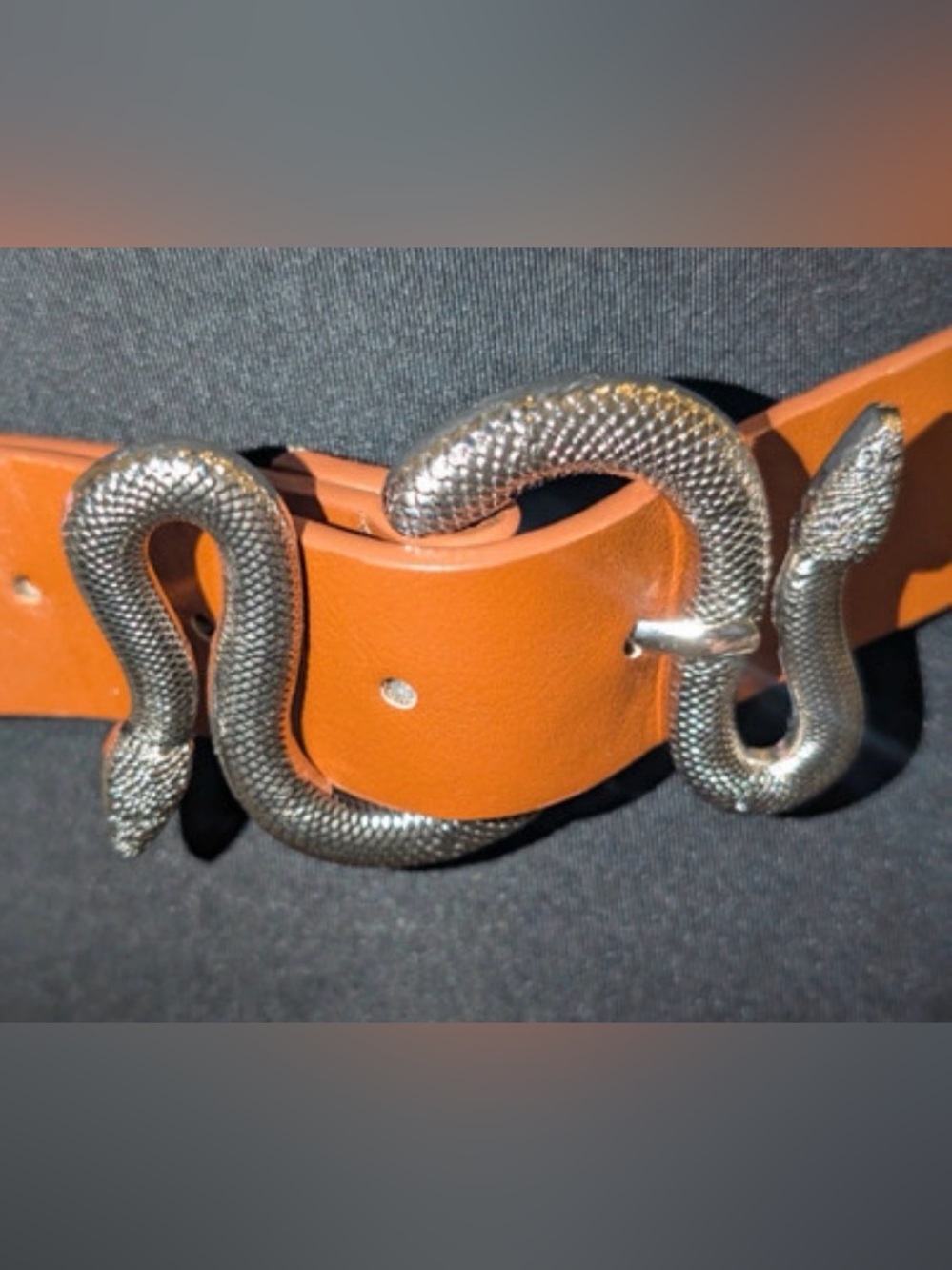 Womens’ Cognac Faux Leather Belt with Silver Snake Buckle